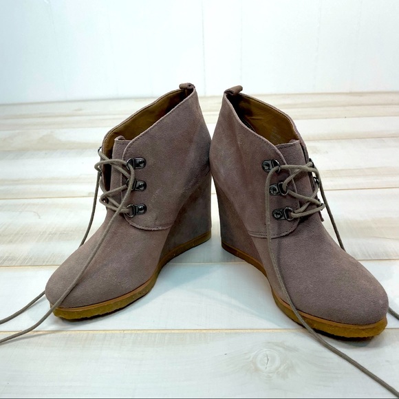Steve Madden NIB Tanngoo Taupe Suede Lace Wedge Heels Sz 6.5M Ankle Boots Bootie - Picture 5 of 10